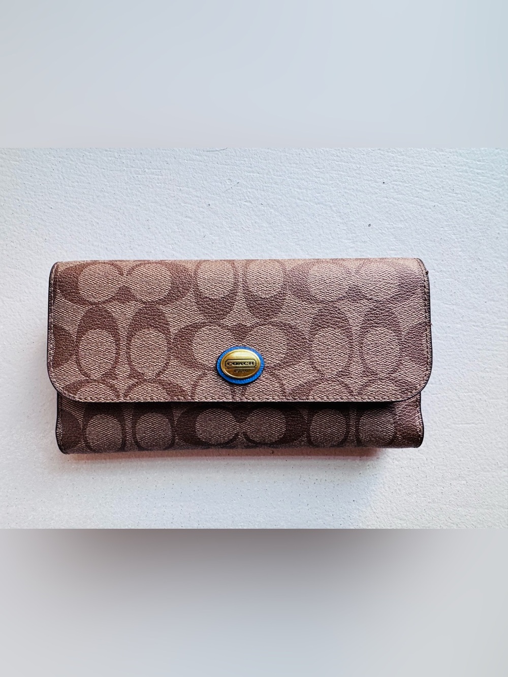 Coach Brown Signature Canvas Card Holder with Gold Logo Accent